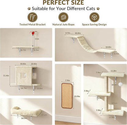 Cat Wall Shelves, 6 in 1 Cat Wall Furniture Set with Condos House, Bed, Bridge, Tree, Steps, Scratching Board, DIY Walls Playground for Indoor (Beige)3