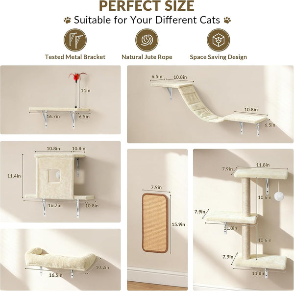 Cat Wall Shelves, 6 in 1 Cat Wall Furniture Set with Condos House, Bed, Bridge, Tree, Steps, Scratching Board, DIY Walls Playground for Indoor (Beige)3