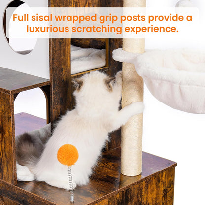 Heybly Cat Tree with Litter Box Enclosure for Indoor Big Cat, Cat Tower for Large Cats 20 Lbs Heavy Duty, Modern Cat Condo Furniture with Scratching Posts, Rustic Brown HCT110SR6