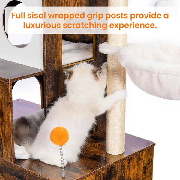 Heybly Cat Tree with Litter Box Enclosure for Indoor Big Cat, Cat Tower for Large Cats 20 Lbs Heavy Duty, Modern Cat Condo Furniture with Scratching Posts, Rustic Brown HCT110SR6