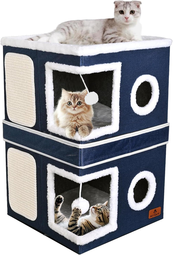 Cat Beds for Indoor Cats, Large Cat Cave Bed with Scratch Pad and Fluffy Ball, Foldable Cat Hideaway, Cat House with Reversible Cushion for Multi Small Pet up to 30LBS, Grey11
