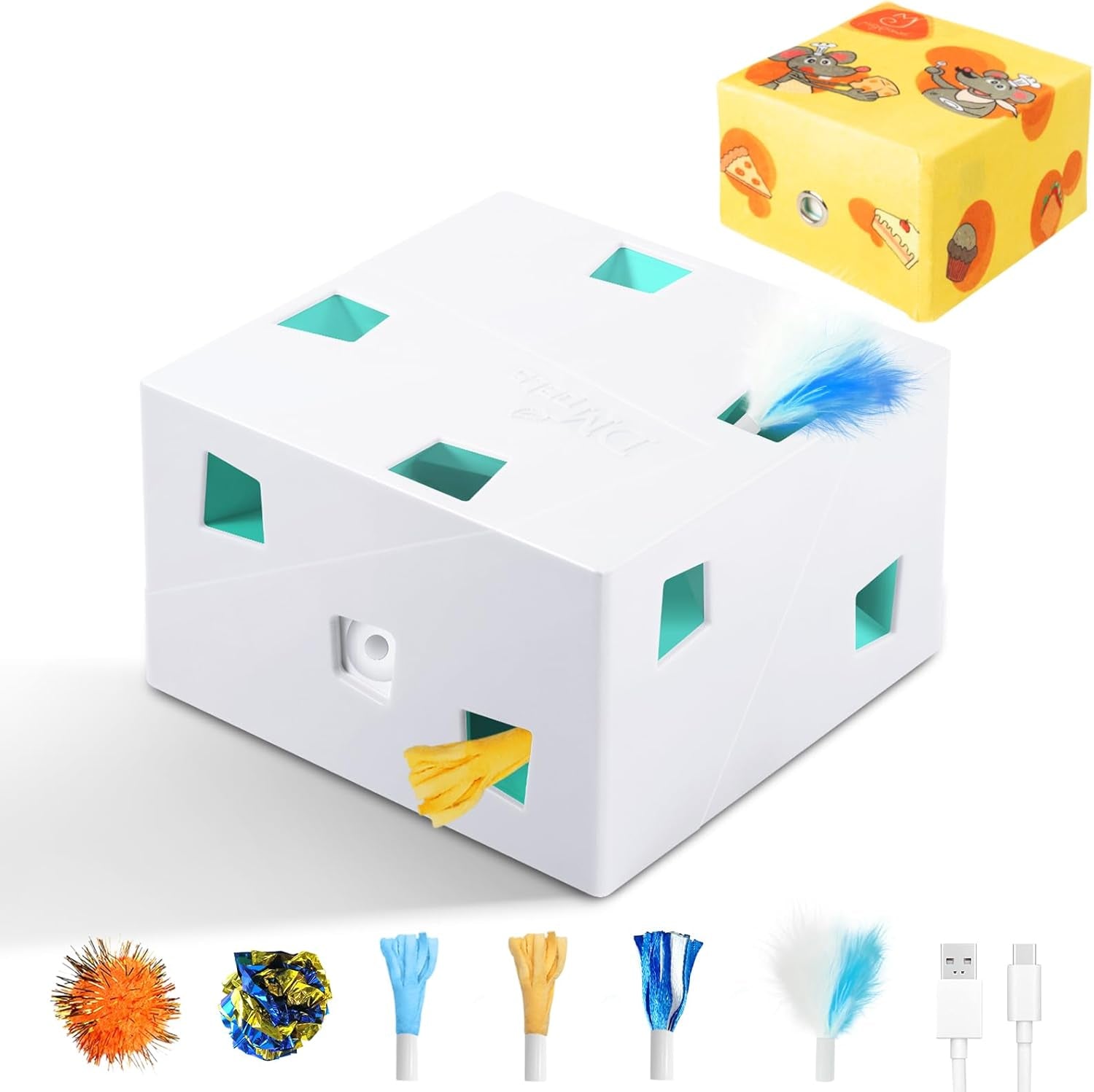 interactive-cat-toys-migibox-for-indoor-bored-cats-automatic-pop-out-feathers-from-7-holes-randomly-motion-activated-usb-rechargeable-purple-skin