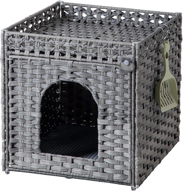 SETVSON Cat Litter Box Enclosure Furniture, Hidden Litter Box with Mat and Fence, Handwoven Rattan Cat House with Two S-Shaped Hooks for Living Room, Bedroom, 18.5 X 20.5 X 19.1 Inches (Natural)15