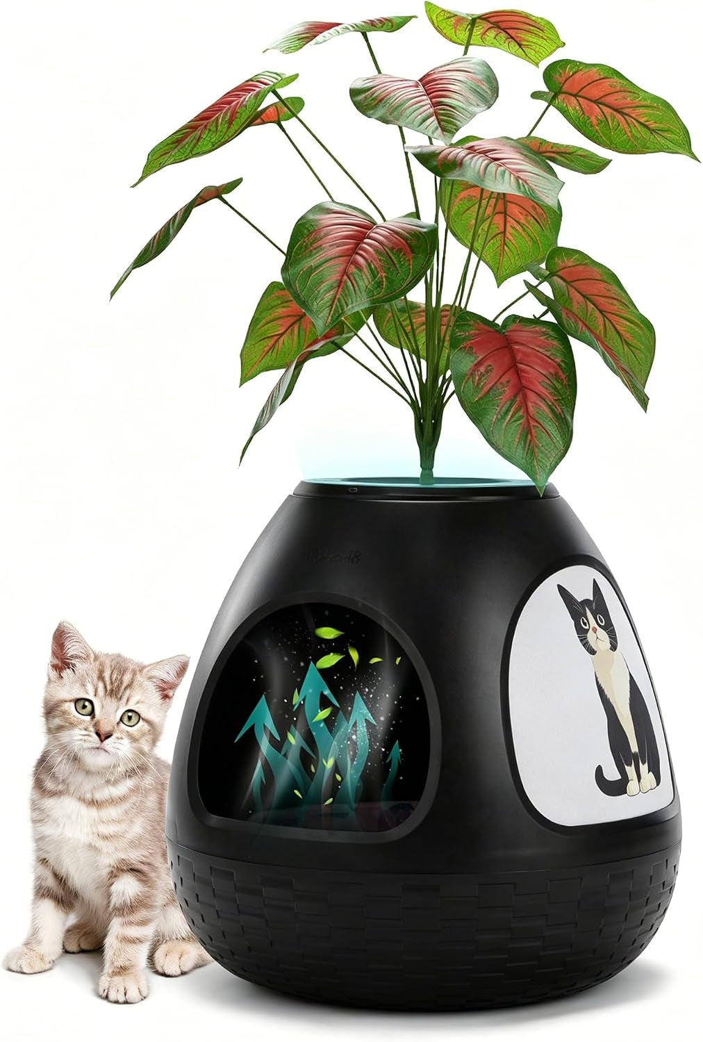 eggloa6-hidden-cat-litter-box-with-artificial-plants-odor-removal-system-egg-shaped-enclosure-includes-scoop-3pcs-liners-secret-discreet-furniture-diy-assembly-cat-litter-box-cabinet-brown