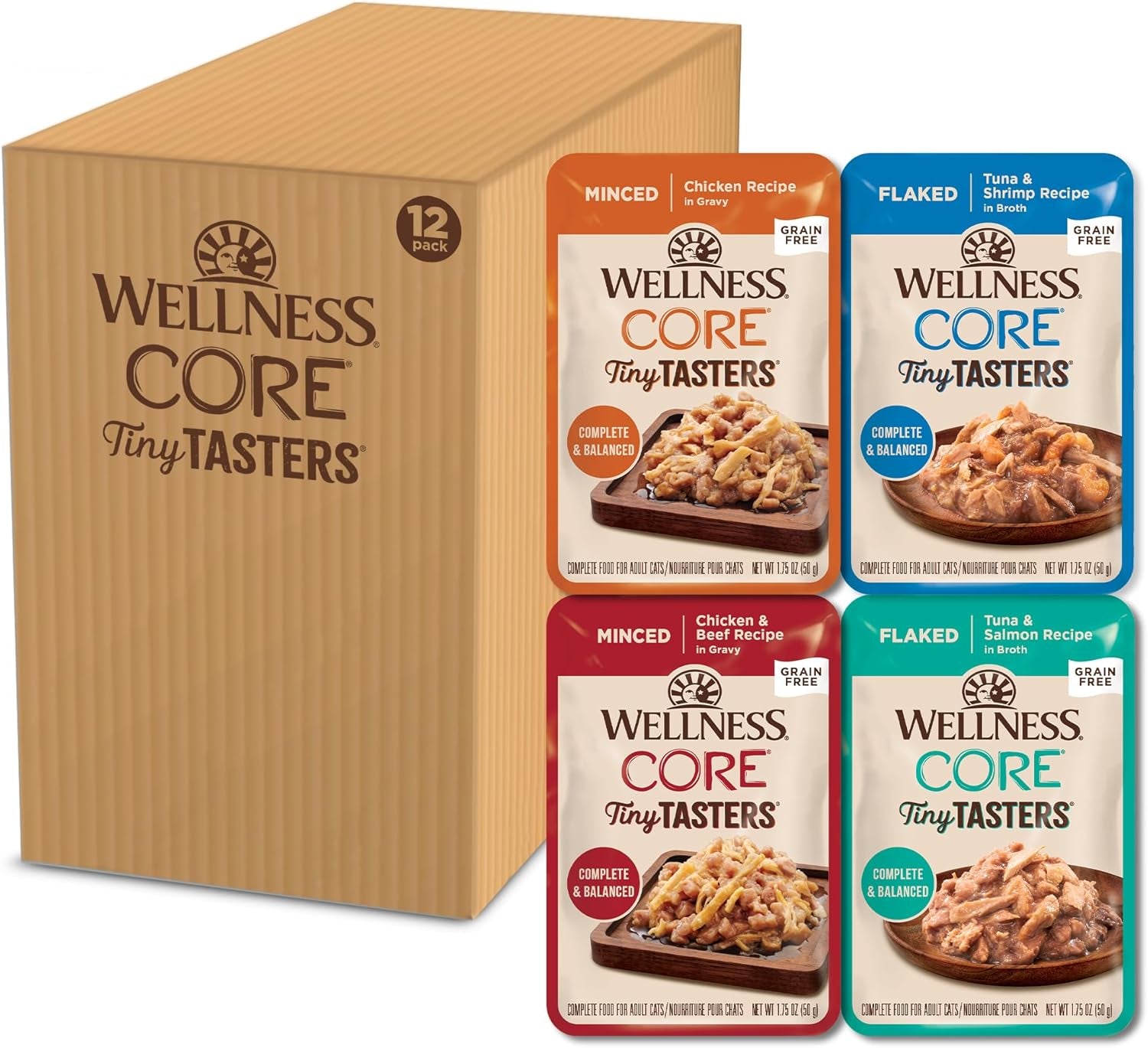 wellness-core-tiny-tasters-pate-variety-pack-adult-wet-cat-food-natural-protein-rich-grain-free-land-recipes-1-75-oz-pack-of-12-pouches