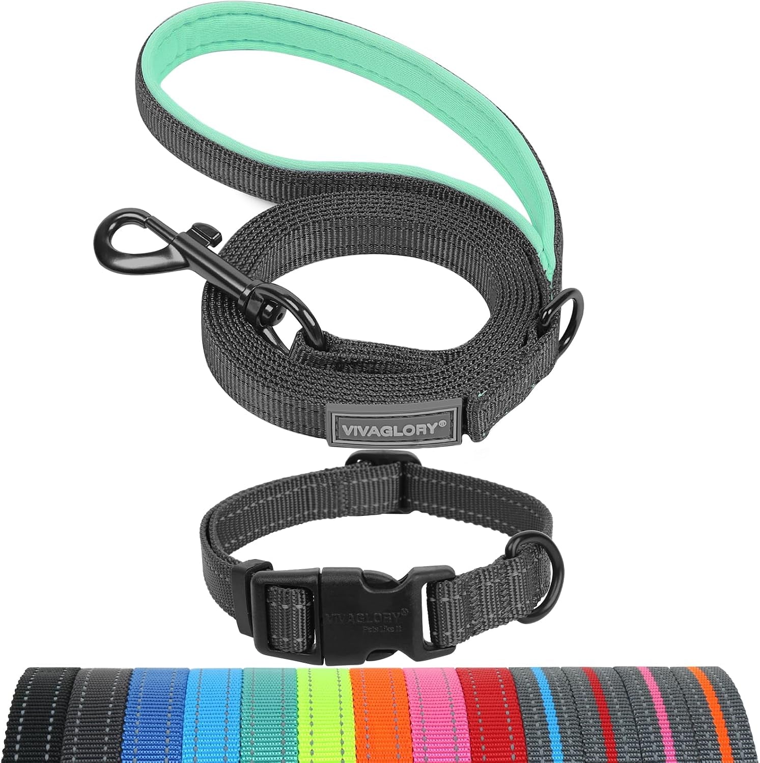 vivaglory-dog-leash-puppy-leash-for-collar-3ft-x-1in-black-with-soft-padded-handle-for-training-walking-heavy-duty-double-layer-nylon-pet-puppy