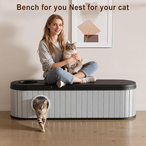 Cat Litter Box Enclosure for Multi-Cat Homes, Hidden Litter Box Furniture for Indoor, Kitty Cabinet with Bench, Easy to Clean, Versatile Design7