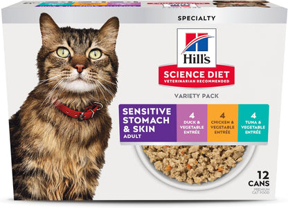 Hill'S Science Diet Sensitive Stomach & Skin Wet Cat Food Variety Pack | #1 Veterinarian Recommended, Adult Formula, Tuna & Vegetable, Chicken & Vegetable, 2.9 Oz. Cans, 12-Pack15
