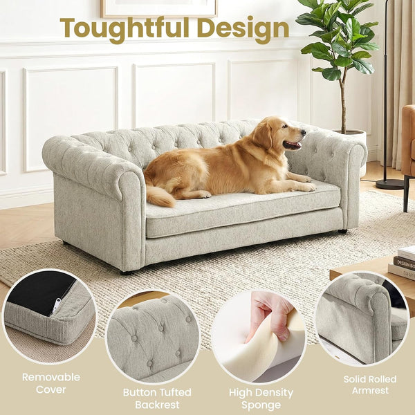 Elevated XL Large Dog Sofa with Backrest and Armrests, 55" Button Tufted Dog Couch Bed with Soft Cushion for Large Dogs, Stylish Lounging Bed Pet Couch Chair, 120Lbs Weight Capacity, Beige4