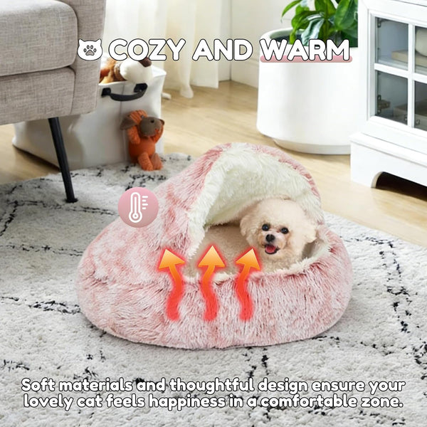 SUOXU Anti-Anxiety Cat Bed, Plush Hooded Cave, 20 in Diameter, Suitable for Small to Medium Pets, Pink7
