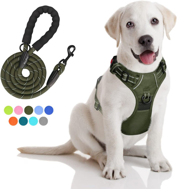 Poypet No Pull Dog Harness and 5 Feet Leash Set, Release on Neck Reflective Adjustable Pet Vest, Front & Back 2 D-Ring and Soft Padded Pet Harness with Handle for Small to Large Dogs(Grey,L)12