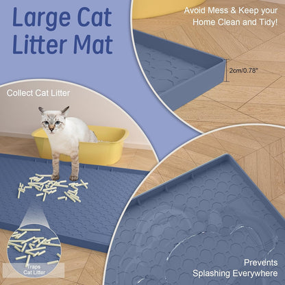 Silicone Large Cat Litter Mat 34" X 22", Cat Mat for Litter Box, Cats Litter Trapping Mat, Non-Slip and Waterproof, Raised Edges, Blue3