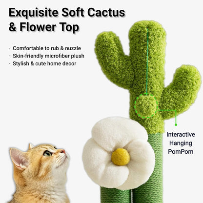 Happi N Pets 33" Tall Cactus Cat Scratching Post for Large Cats, Heavy Duty Double Scratch Posts with Flower & Crinkle Leaves, Cactus Cat Tree with 2 Bonus Toy & Catnip, Green Stable Scratching Post2