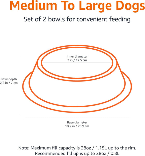 Amazon Basics Stainless Steel Non-Skid Dog Water and Food Bowls, Dishwasher Safe, Rust Resistant, 38Oz Capacity, 10 X 2.8 Inches, 2-Pack2