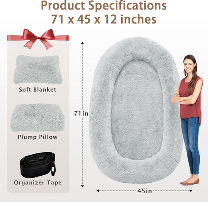 ROOMTEC Human Dog Bed, 71''X45''X12'' Size Fits Adult and Pet Washable Giant People Bed 10 CM Thick Memory Foam Large Oversize Pet Bed with Plump Pillow, Blanket, Strap - Grey6