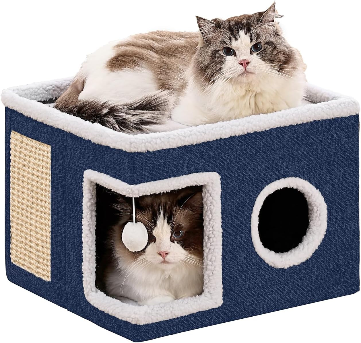large-cat-houses-for-indoor-cats-with-fluffy-ball-and-scratch-pad-foldable-cat-bed-cave-for-multiple-pets-kitten-bed-for-all-seasons-non-slip-hold-up-to-30lbs-16x16x13inch-grey