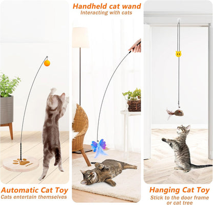 JXFUKAL Interactive Cat Toy, Automatic Cat Wand Toy with Stable Wooden Base, 2 PCS Detachable Cat Teaser, 5PCS Refills Replacement & Hanging Elastic String, Kitty Kitten Toys Feather Spring Bird Toy4