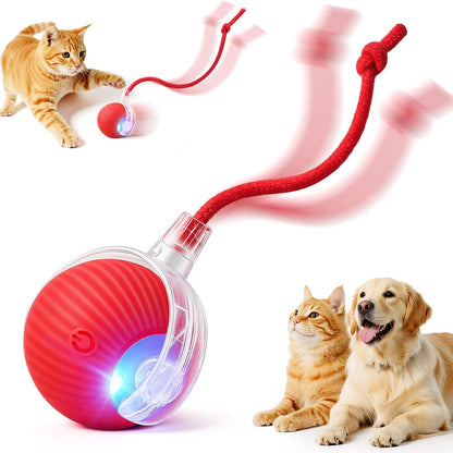Smart Interactive Automatic Electric Rolling Moving Rechargeable Motion Activated Self Play Electronic Stimulation Chase Teaser Ball Toy with Rope for Indoor Bored Adult Cat and Dog, Red1