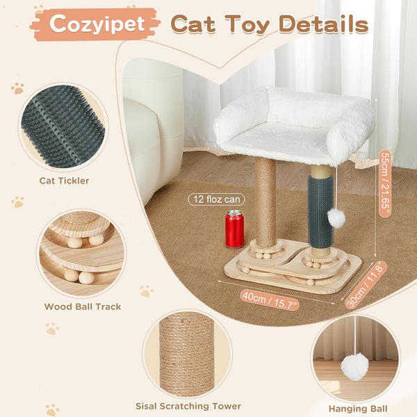 Cat Scratching Post with Bed, 4-In-1 Small Cat Tree Tower | Sisal Scratcher, Elevated Washable Bed, Track Ball Toy, Built-In Self-Groomer4