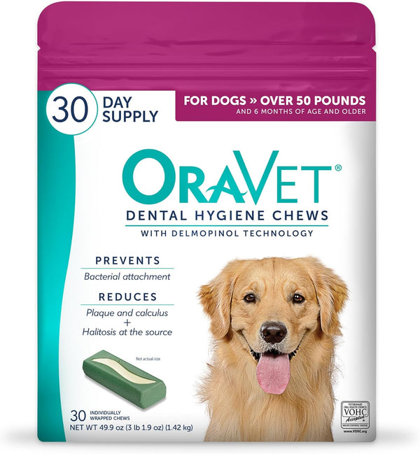 ORAVET Dental Chews for Dogs, Oral Care and Hygiene Chews (Large Dogs, over 50 Lbs.) Pink Pouch, 30 Count (Pack of 1) | Vohc-Accepted Dual-Action Chew Reduces Plaque & Tartar, Freshens Breath Barrier Vet-Recommended Pink Pack1