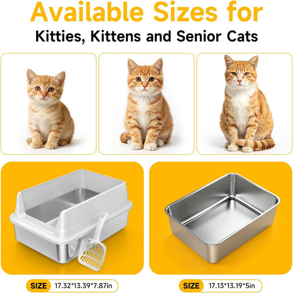 Stainless Steel Cat Litter Box with Scoop,M Metal Pan for Kittens | Metal Litter Box with High Sides & Lid, Open Top Low Entry , Non-Stick Easy Clean ，Kitty Cat Box for Indoor Cats, High Wall3
