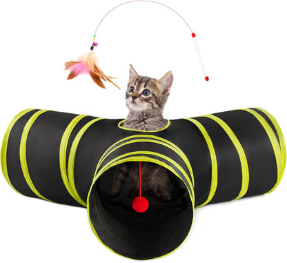 Love’S Cabin Cat Tunnel for Indoor Cats, 3-Way Collapsible Play Tunnel with Teaser Wand, Peek Holes & Toy Ball, Small Pet Toy for Kittens & Rabbits, Black & Blue, Small Size14