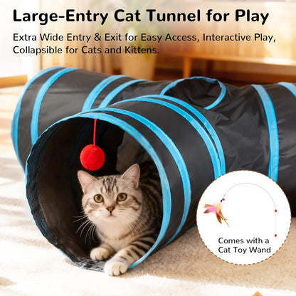 Tempcore Pet Cat Tunnel Tube Toys 3 Way Collapsible, Tunnels for Indoor Cats, Interactive Tube with Teaser Wand, Peek Holes & Hanging Ball, Black & Blue4