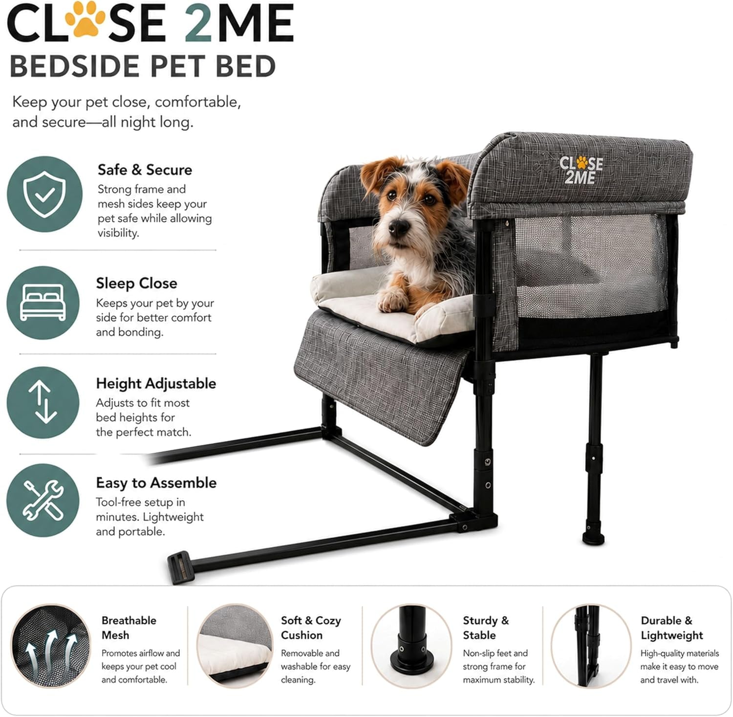 englacha-close2me-elevated-pet-bed-bedside-mattress-for-cats-and-small-dogs-comfortable-cozy-design-with-tool-free-installation-foldable-for-easy-transport-carry-bag-included