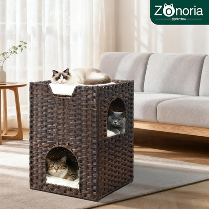 Cat Bed for Indoor Cats, a Stylish Cat Hideaway & Cat House - Handwoven Rattan Cat Cave Bed with Soft Cushion, Foldable Cat Cubes for Indoor Cats, Sturdy Cat Perch & Furniture Coffee Brown2