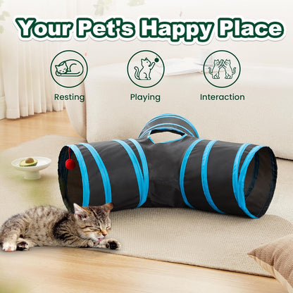 Love’S Cabin Cat Tunnel for Indoor Cats, 3-Way Collapsible Play Tunnel with Teaser Wand, Peek Holes & Toy Ball, Small Pet Toy for Kittens & Rabbits, Black & Blue, Small Size4