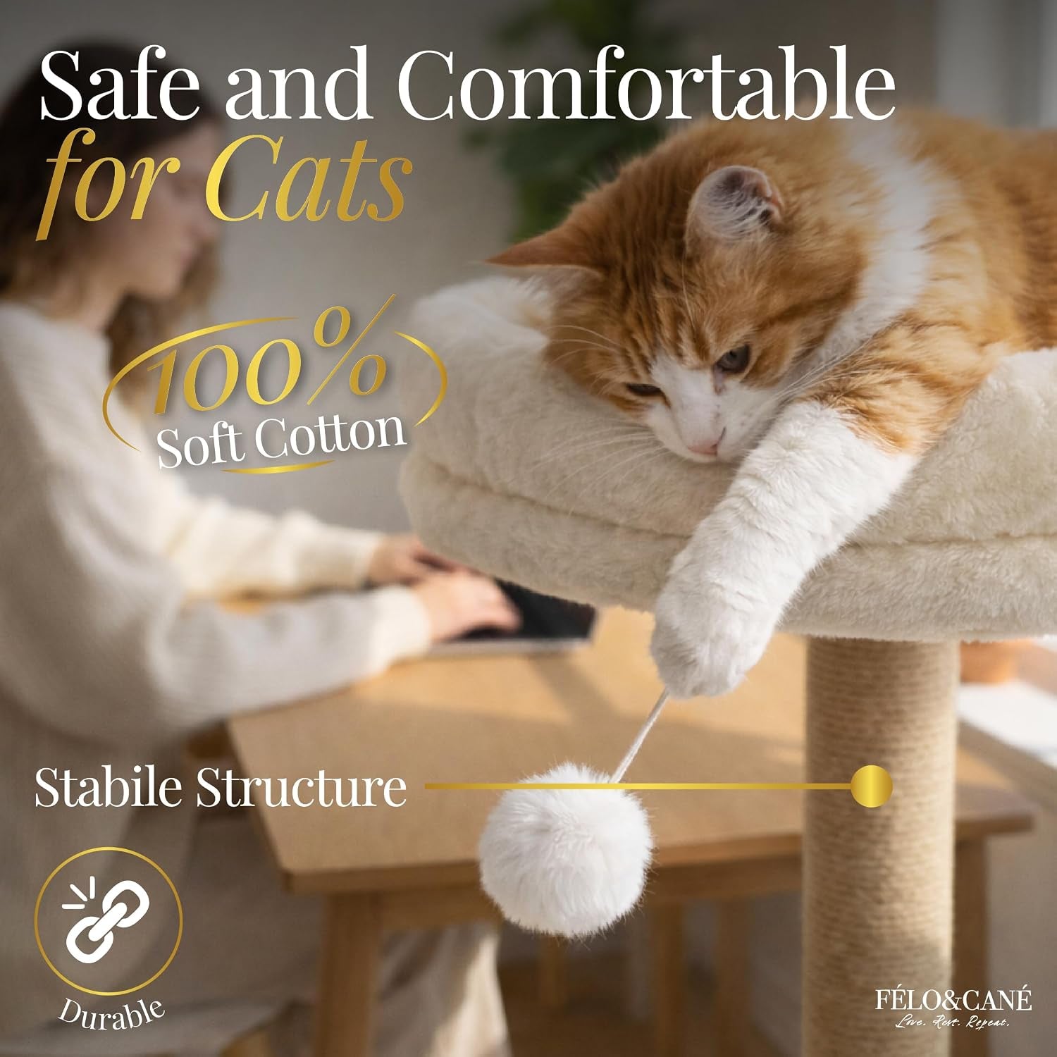 felo-cane-desk-cat-bed-with-scratching-post-toy-ball-space-saving-clamp-on-cat-hammock-for-desk-elevated-cat-perch-for-work-from-home-sturdy-metal-frame-soft-plush-cushion-up-to-11-lbs