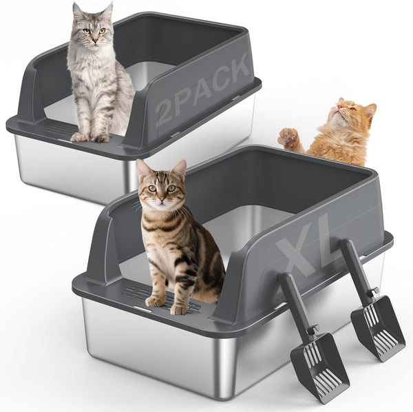 2PACK Stainless Steel Litter Box, Extra Large Litter Boxes for Big Cats, XL Metal Cat Litter Box with Lid High Sides, Anti-Urine Leakage, Non-Sticky, Scoop Included1