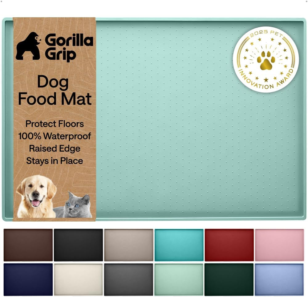 gorilla-grip-100-waterproof-raised-edge-bpa-free-silicone-pet-feeding-mat-dog-cat-food-mats-contain-spills-protects-floors-placemats-for-cats-and-dogs-water-bowl-18-5x11-5-gray