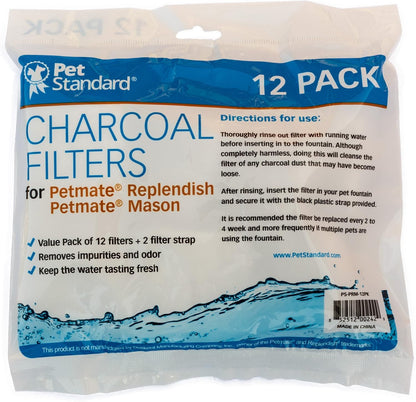 PET Standard Charcoal Filters for Petmate Replendish & Mason, 12-Pack | Compatible with Petmate Replendish and Mason Gravity Waterers. Includes 12 Charcoal Filters and 2 Filter Straps.3