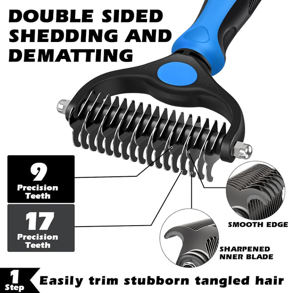 Professional 3PCS Self Cleaning Slicker Brush & Pet Grooming Rake & Flea Comb for Dogs,Cats and Horses | Double-Sided Dematting Comb & Skin Friendly Deshedding Grooming Tool | Pet Supplies (Blue)2