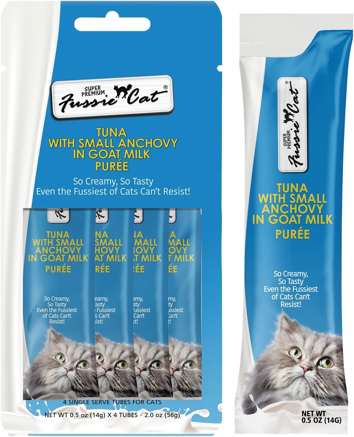 fussie-cat-premium-tuna-with-salmon-in-goat-milk-puree-lickable-cat-treats-0-5oz-pouch-pack-of-4