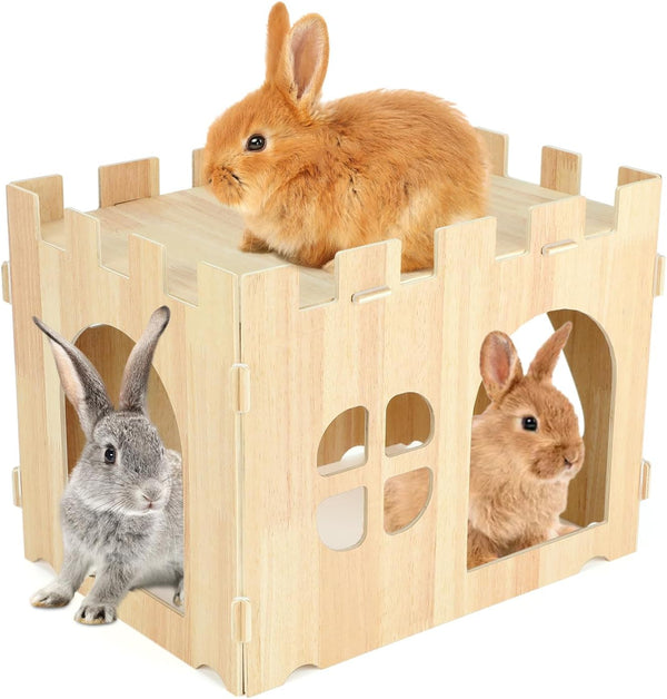 BWOGUE Large Wooden Bunny Hideout,Detachable Rabbit Castle for Small Animal | Wooden Rabbit Hideout, Wooden Rabbit Hideaway, Bunny Houses and Hideouts, Two Doors, 2-Story Play & Rest, Indoor Rabbit1