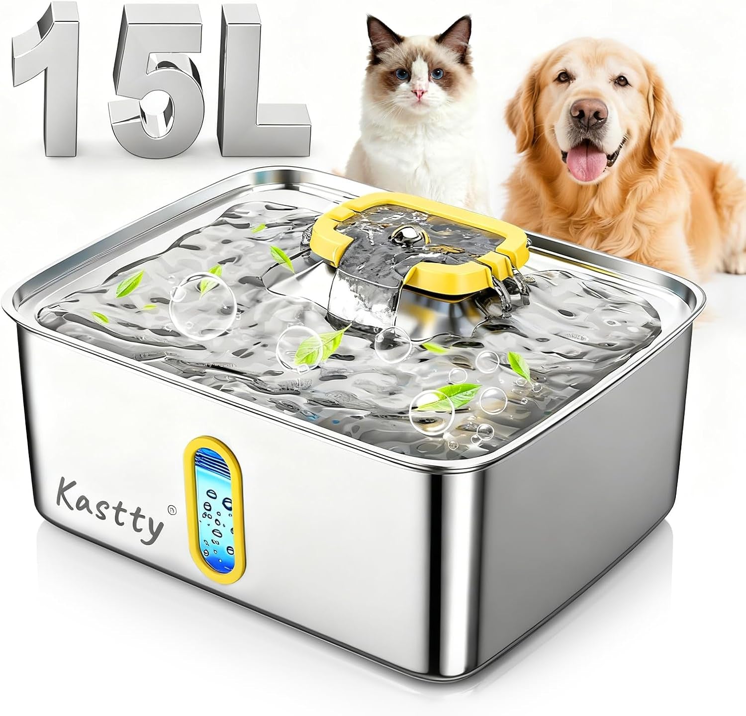 kastty-4-gal-15l-stainless-steel-dog-water-fountain-for-large-dogs-dog-water-bowl-dispenser-triple-filtration-ultra-quiet-automatic-pet-water-fountain-with-water-level-window-led-lightfs76