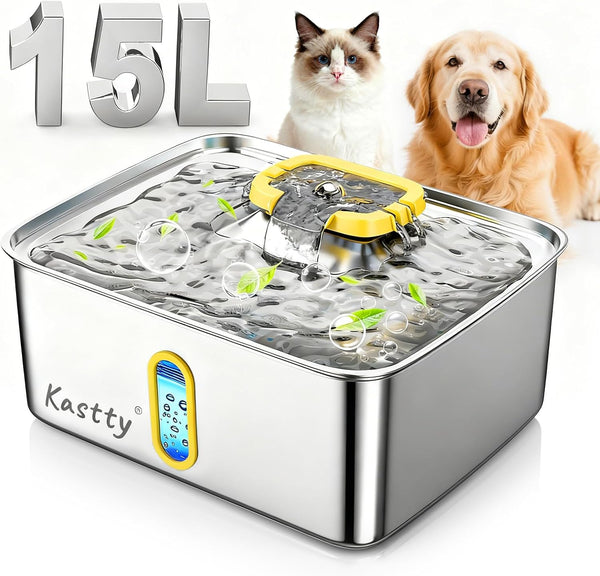 Kastty 4 Gal/15L Stainless Steel Dog Water Fountain for Large Dogs | Dog Water Bowl Dispenser Triple Filtration,Ultra Quiet Automatic Pet Water Fountain with Water Level Window&Led Light(Fs76)10