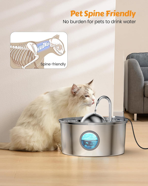 AONBOY Cat Water Fountain Stainless Steel, 108Oz/3.2L Cat Fountain, Pet Water Fountain with Water Level Window, Hemispherical Shape, Multi-Filter, Silent Pump, Water Tap, Provides Flowing Water4