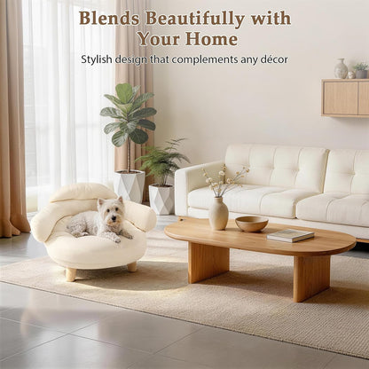 Cat Sofa Furniture-Style Pet Bed with Removable Cotton Velvet Cover, Solid Pine Wood Legs, for Cats and Small Dogs, White2