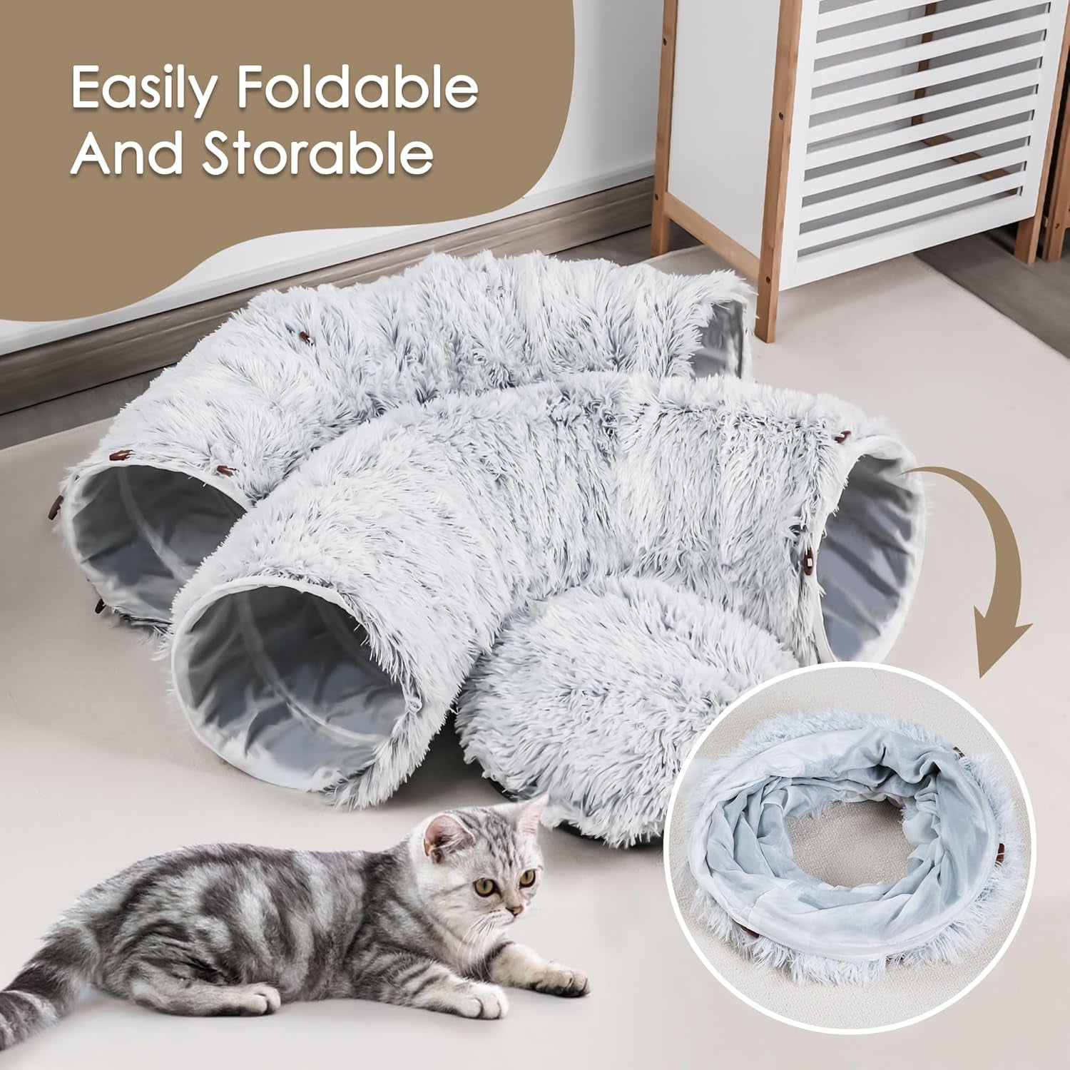 baseola-fuzzy-cat-tunnel-bed-for-indoor-cats-2-in-1-interactive-cat-toys-peekaboo-cat-cave-with-washable-mat-collapsible-cat-play-tunnel-for-kittens-small-pets-plush-cat-donut-bed-tunnel-grey