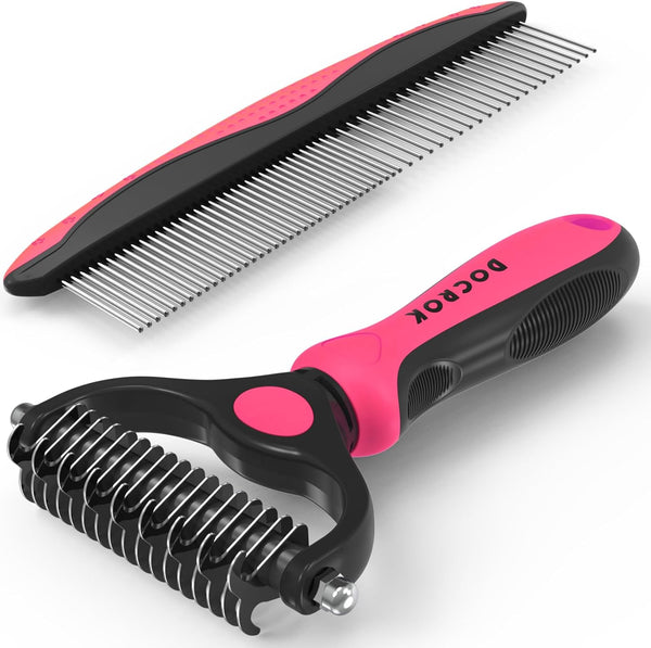 Docrok Pet Grooming Combo - Blue Deshedding Brush with Metal Comb for Detangling and Dematting Long, Matted Fur on Cats and Dogs10