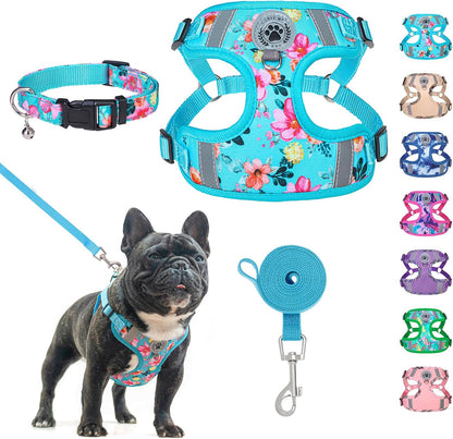 BEAUTYZOO Dog Harness Collar and Leash Set, No-Pull Step in Dog Harness for Large Dogs, Reflective No-Choke Puppy Vest Harness, Adjustable Soft Padded Pet Vest for French Bulldog, Dark Pink L13