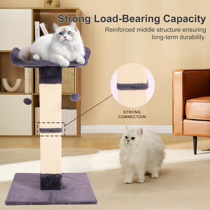 34" Cat Scratching Post for Indoor Cats, Sisal Cat Scratcher with Large Plush Perch, Vertical Posts with Elevated Bed and with Two Dangling Balls, Removable & Washable Cover, Dark Grey4