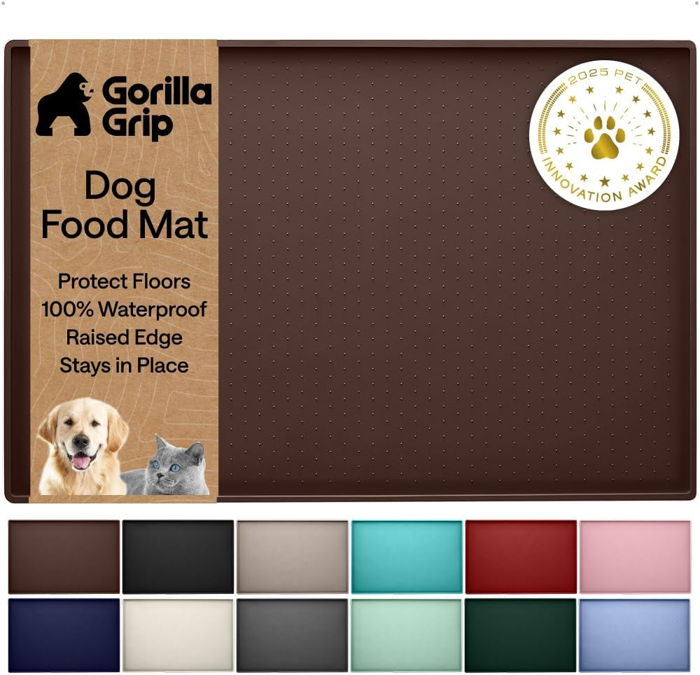 gorilla-grip-100-waterproof-raised-edge-bpa-free-silicone-pet-feeding-mat-dog-cat-food-mats-contain-spills-protects-floors-placemats-for-cats-and-dogs-water-bowl-18-5x11-5-gray