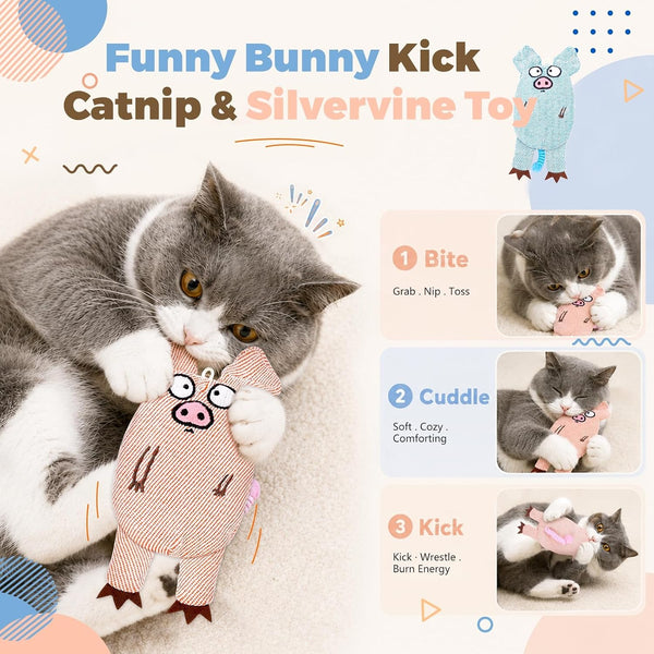 Cat Toys for Indoor Cats, 2 PCS 8000Mg A+Natural Catnip Silvervine Crinkle Interactive Cat Toy Pig with Bell Elastic Tail, Baby-Grade Plush Chew Toy for Teeth Cleaning, Cat Kickers for Boredom5