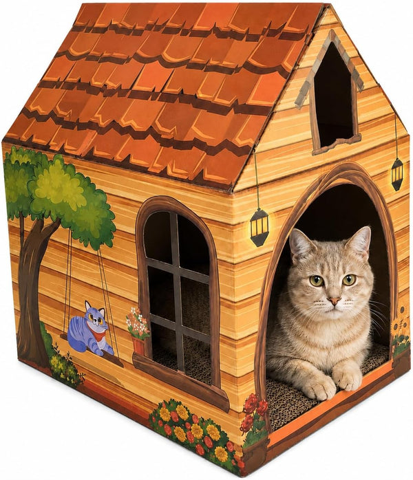 Cinrobiye Cardboard Cat House with Scratcher, Indoor Cat Condo Cat Cave Hideout with Scratch Pad, Cardboard Cat Playhouse Bed for Cats, Kittens, Rabbits & Small Pets (Mushroom)14