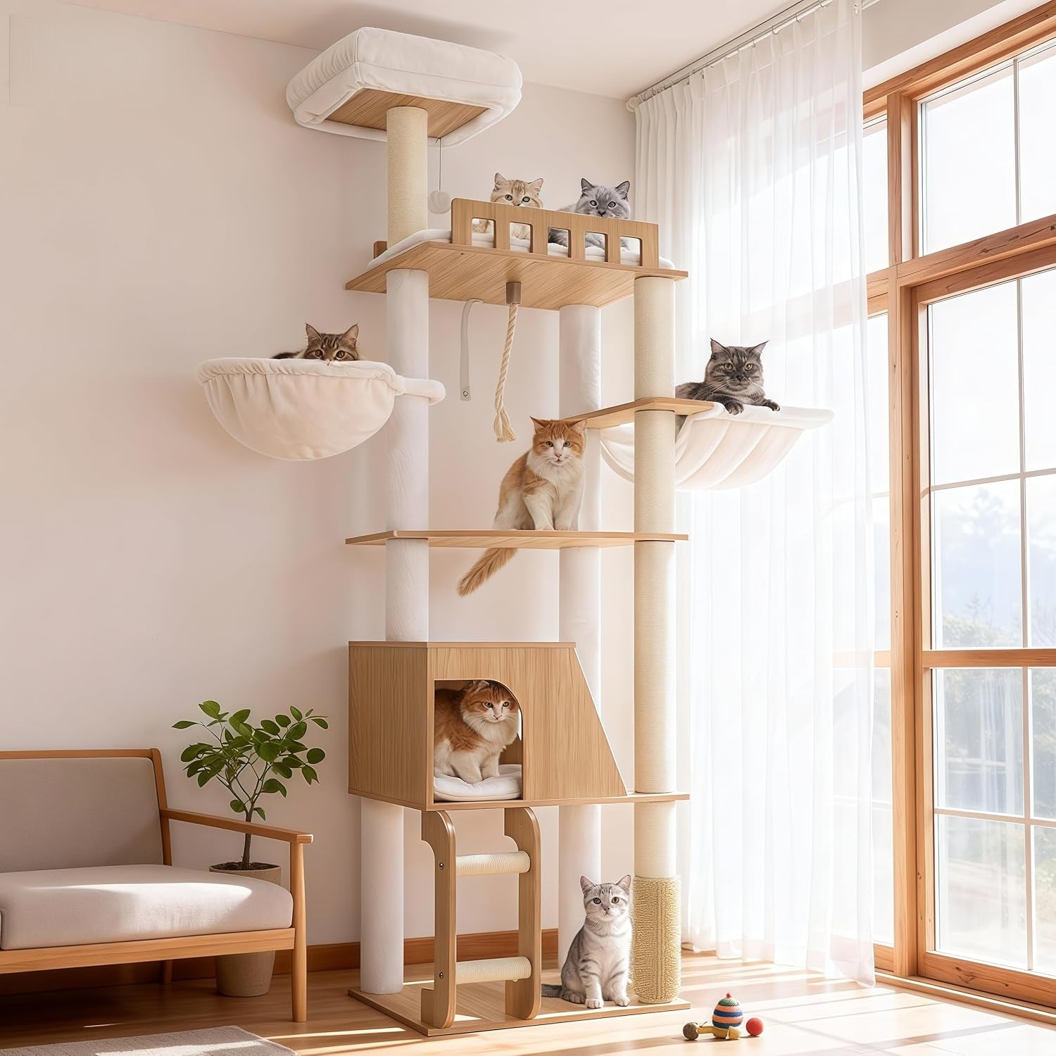 hey-brother-wooden-cat-tree-furniture-tower-with-large-platforms-mpj121bt-69-7-inch-modern-full-sisal-scratching-posts-hammocks-spacious-condo-ladder-brush-water-proof-surface-white-oak