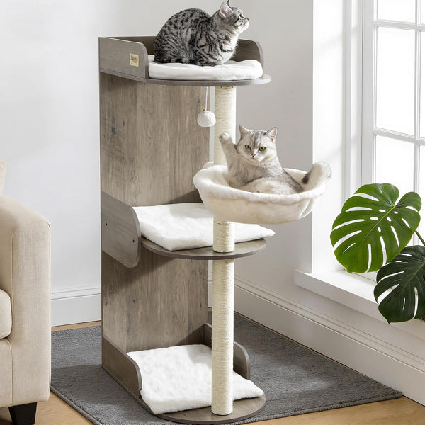 Modern Wood Cat Tree Tower for Indoor Large Adult Cats with Big Perch Bed | 33.8In Tall Wooden Cat Trees with Platform, Cat Scratching Pads, Washable Cushions, Cat Furniture for Window, Rustic Brown12
